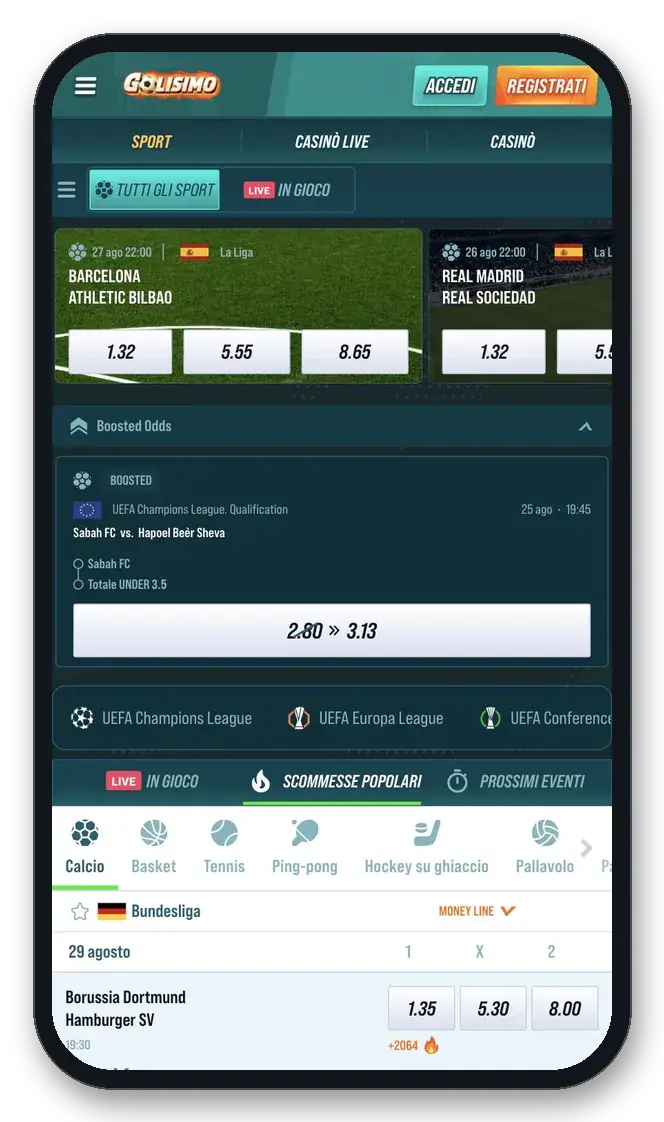 Sezione scommesse sportive di Golisimo da smartphone con quote live, quote maggiorate e Champions League